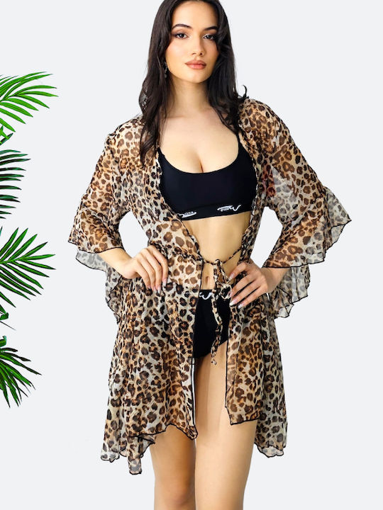 Kimono Scurt De Plajă Pentru Femei Animal Print Leopard