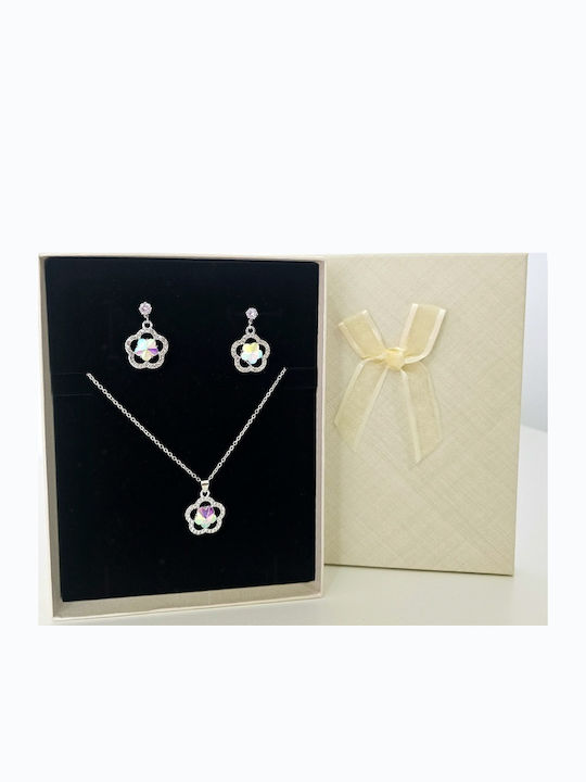 Set De Bijuterii Pentru Femei Feeling Flower Din Otel Inoxidabil Colier Cercei Pandantiv Floare Cristale În Cutie Cadou