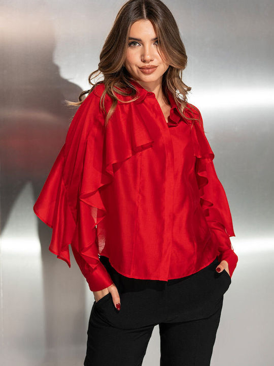 Cristiana Cămașă De Damă Mânecă Lungă Mătăsosă Roșie