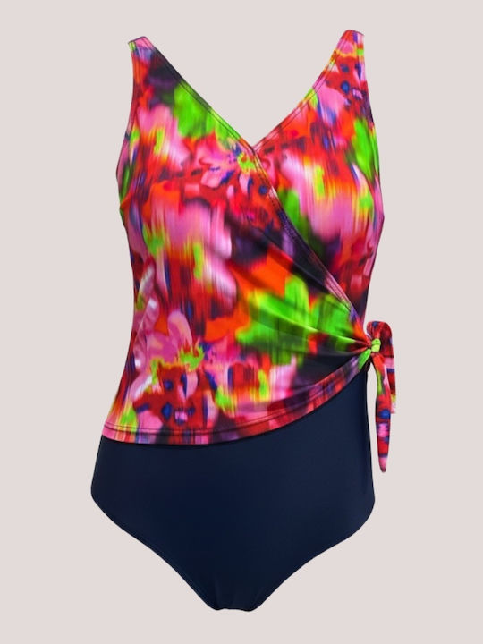 Naturana Women’s Classic Draped One Piece Swimsuit Multicolored Adjustable Straps Red Blue V Neckline 73450 Beachwear Swimsuit