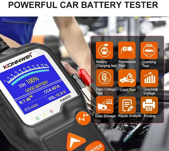 Konnwei KW-650 Digital Battery Tester with Crocodile Clips 6V/12V
