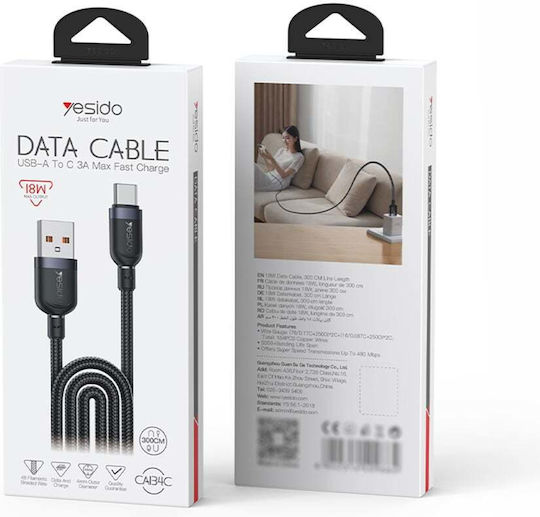 Yesido Плетен USB 2.0 Кабел USB-C Мъжки - USB-A 18W Черен 3м