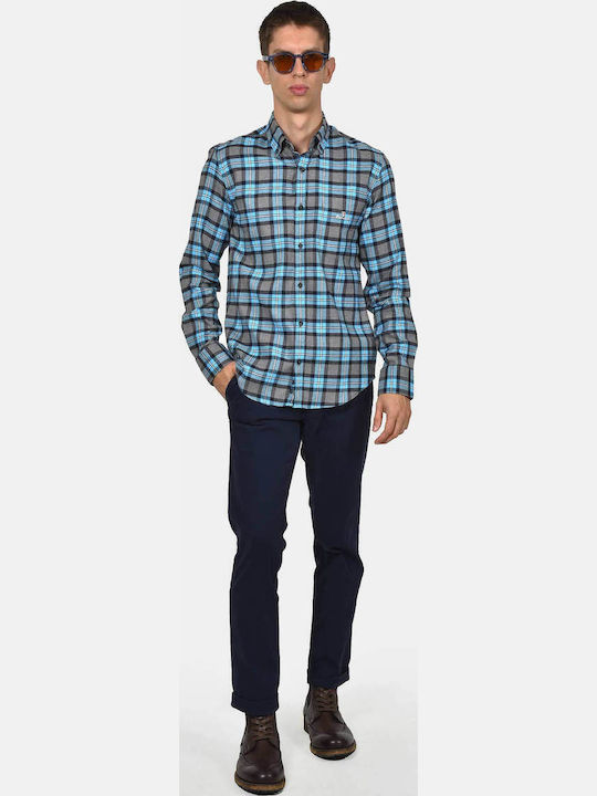 Long Sleeve Cotton Shirt in Regular Fit Checked Turquoise