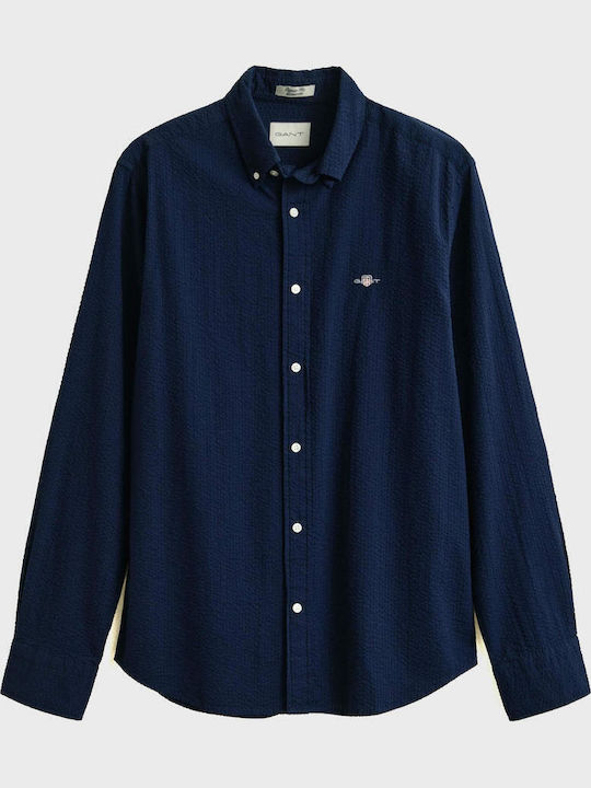Seersucker Long Sleeve Cotton Shirt In Regular Fit Blue