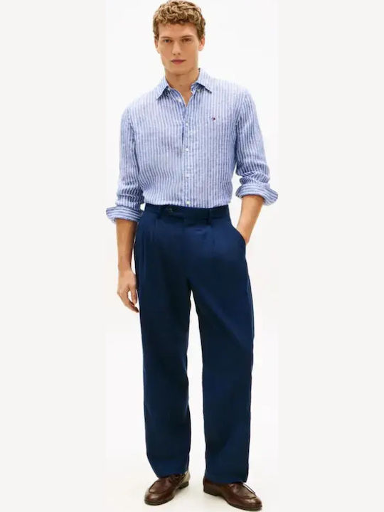 Long Sleeve Linen Shirt in Regular Fit Striped Blue