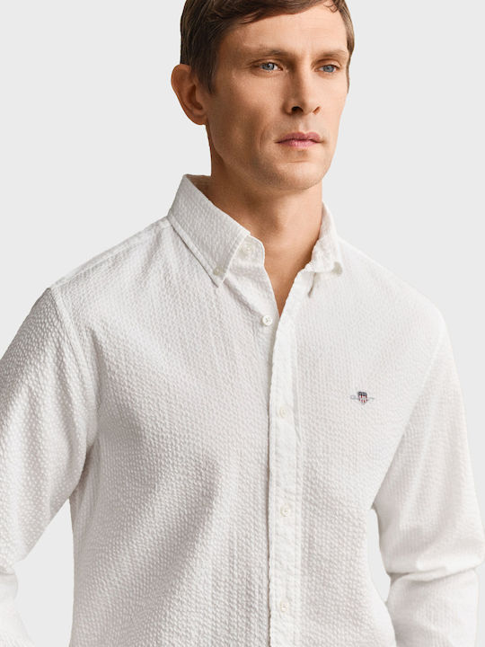 Seersucker Long Sleeve Cotton Shirt In Regular Fit White