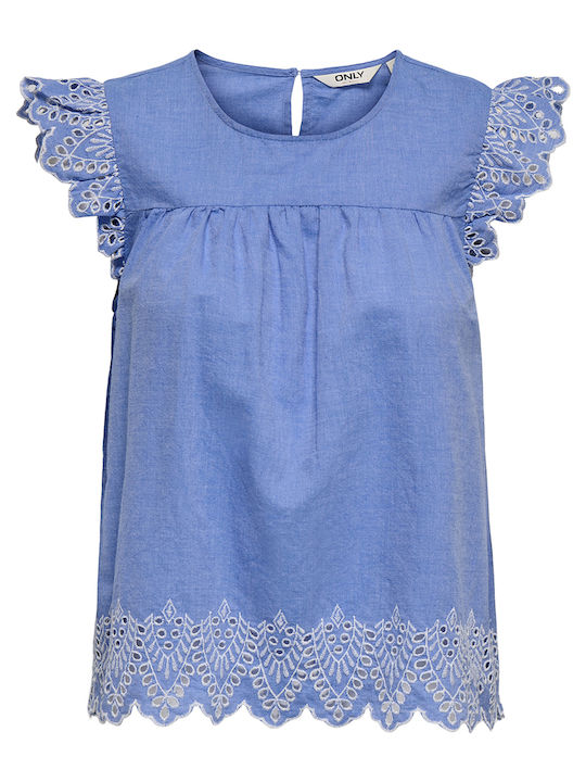 Only Дамска Блуза Памучна Къс Ръкав Blue Bonnet