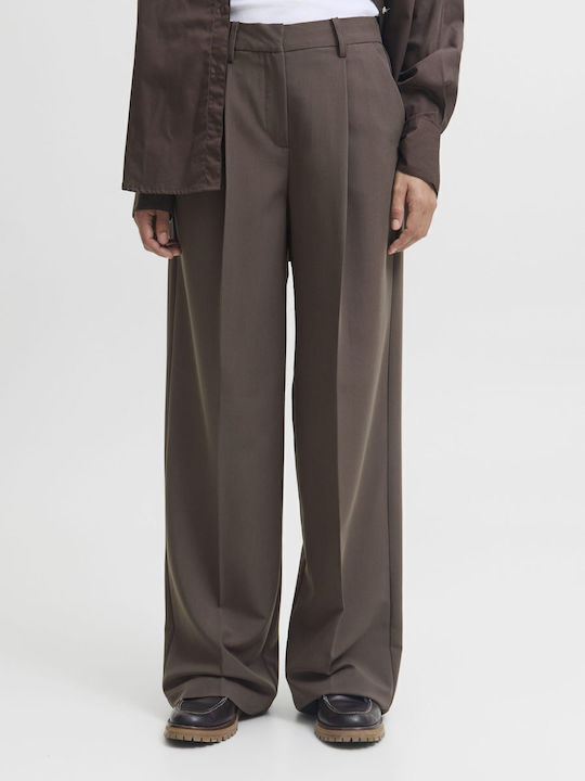 Women's High-waisted Fabric Trousers in Wide Line Brown