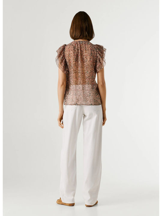 Women's Short Sleeve Blouse with V Neckline Floral Earth-Brown
