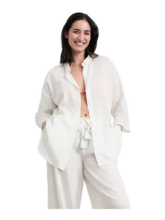 Damen Leinen Hose in Lockere Passform Cream