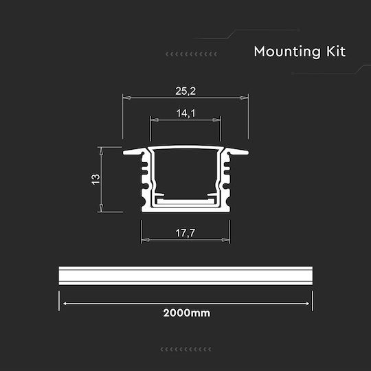 V-TAC Aluminiumprofil für LED-Streifen Opal Abdeckung Eingelassene 2m 17x14mm