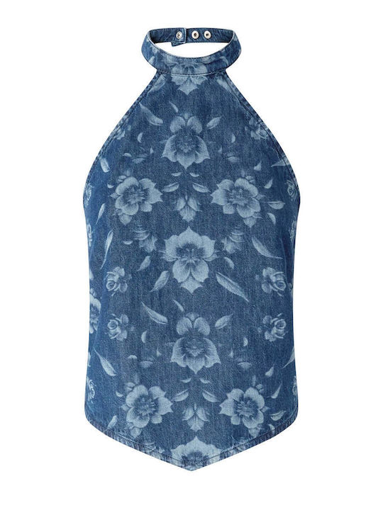 Women's Sleeveless Floral Light Denim Blouse