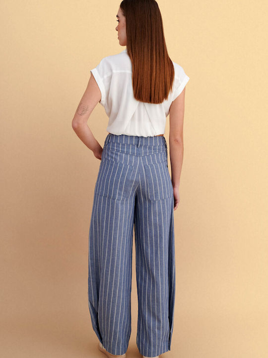 Women's High Rise Fabric Trousers Striped Blue