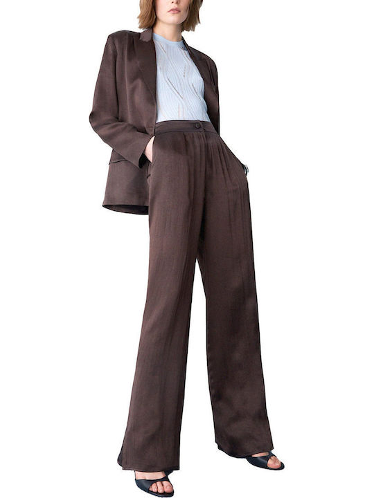 Women's Satin Trousers with Rubber Band Dark Brown
