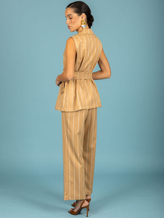 Women's Fabric Trousers in Regular Fit Striped Beige