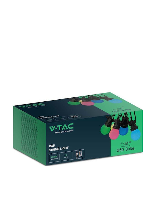 V-TAC Στεγανή Γιρλάντα Φωτισμού LED IP44 13m με 15 Λάμπες RGB