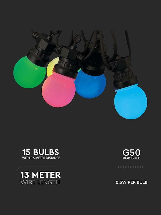 V-TAC Στεγανή Γιρλάντα Φωτισμού LED IP44 13m με 15 Λάμπες RGB