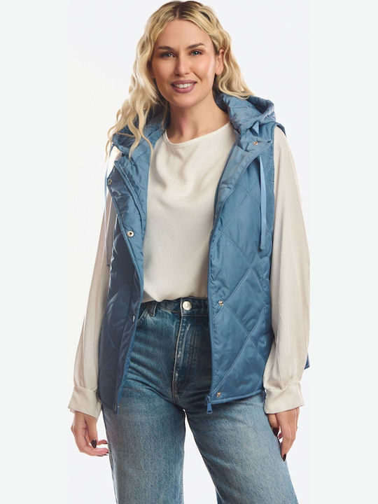 Long Women's Sleeveless Jacket for Winter Blue