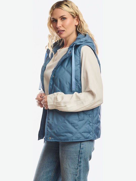 Long Women's Sleeveless Jacket for Winter Blue