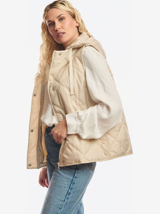 Long Women's Sleeveless Jacket for Winter Beige