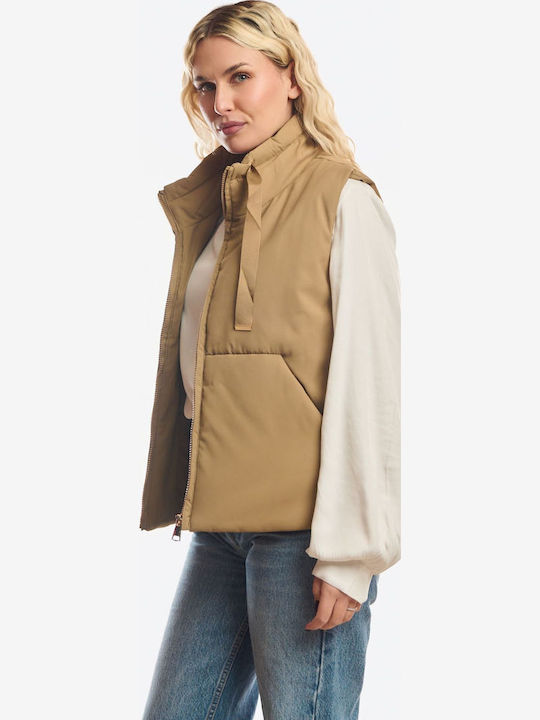 Long Women's Sleeveless Jacket for Winter Beige