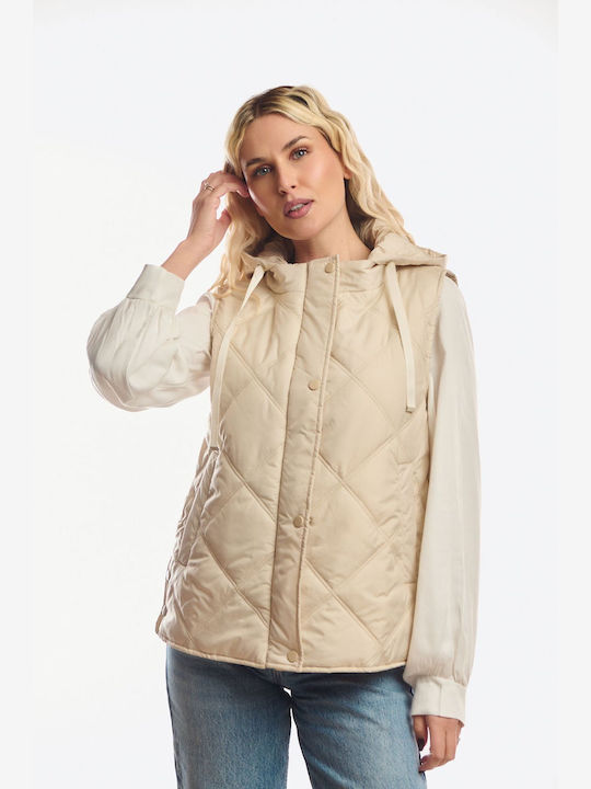 Long Women's Sleeveless Jacket for Winter Beige