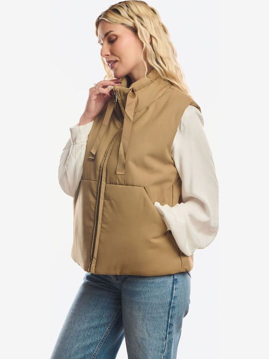Long Women's Sleeveless Jacket for Winter Beige