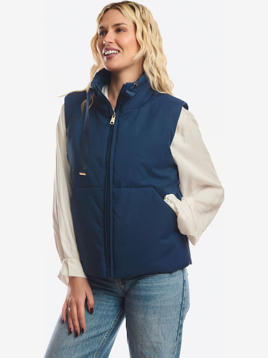 Long Women's Sleeveless Jacket for Winter Blue