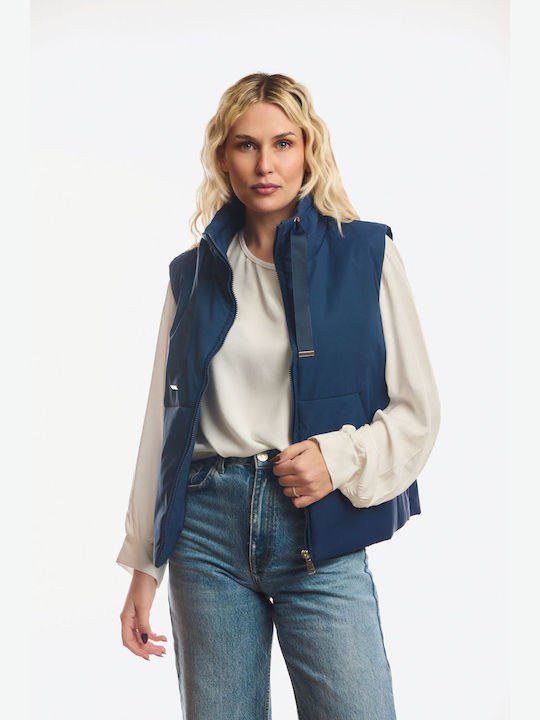 Long Women's Sleeveless Jacket for Winter Blue