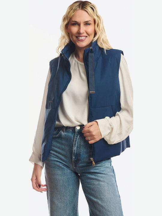 Long Women's Sleeveless Jacket for Winter Blue