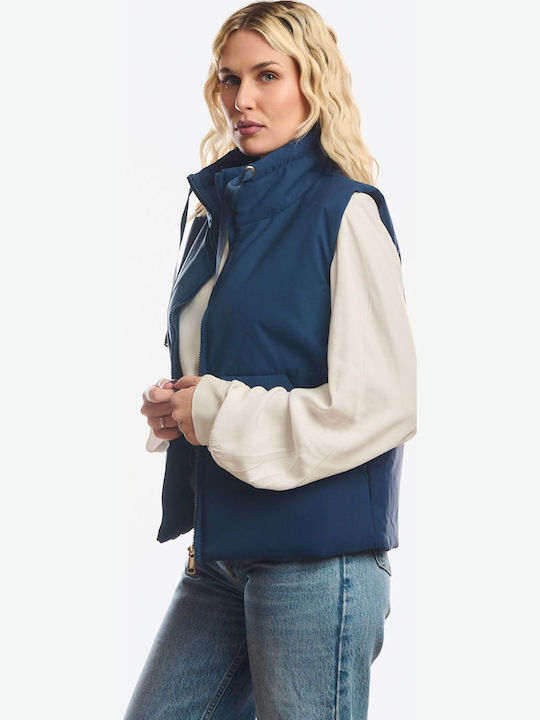 Long Women's Sleeveless Jacket for Winter Blue