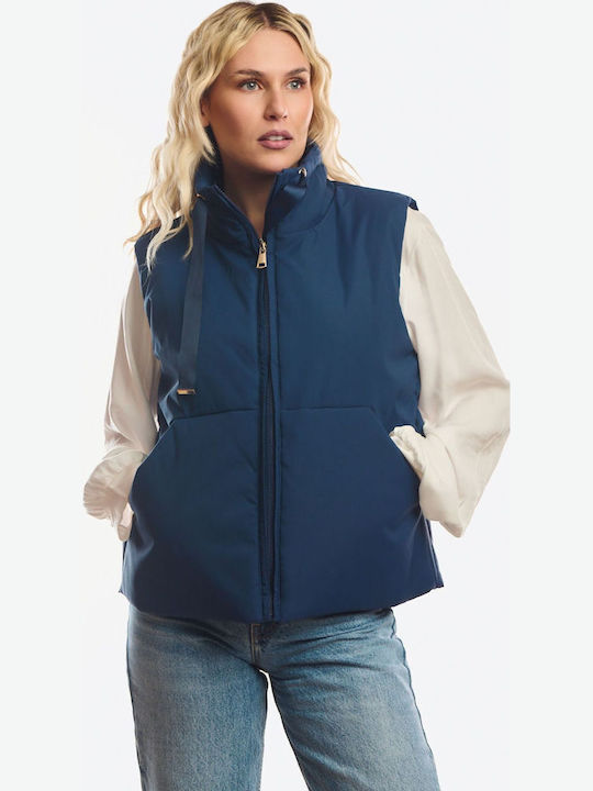 Long Women's Sleeveless Jacket for Winter Blue