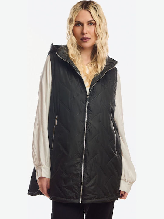 Long Women's Sleeveless Jacket for Winter Black