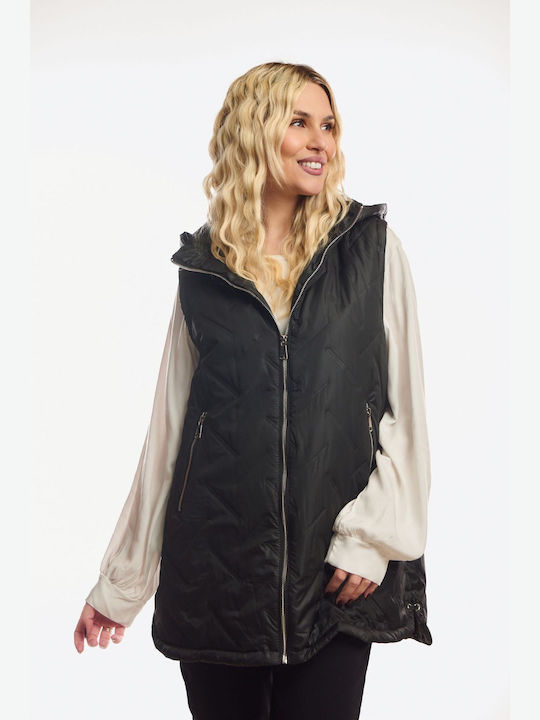 Long Women's Sleeveless Jacket for Winter Black