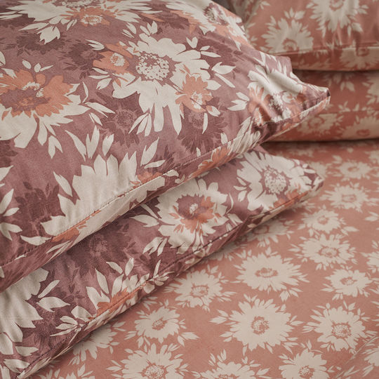 Charalambidis Textiles Χρυσάνθεμο Σετ Σεντόνια Υπέρδιπλα 220x260εκ. Κόκκινο (4τμχ)