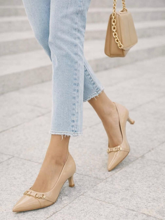 Pointed Toe Patent Leather Heels With Medium Beige Heel