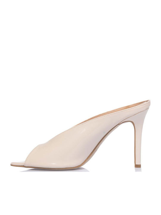 Leather Mules with Thin High Heel in White Colour