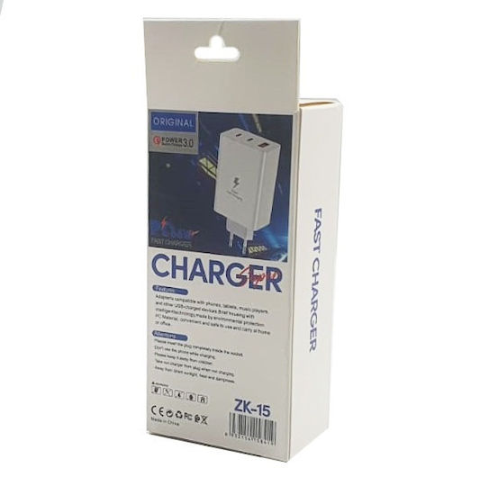 Incarcător Fără Cablu cu Port USB-A și 2 Porturi USB-C 65W Power Delivery Alb (ZK-15)