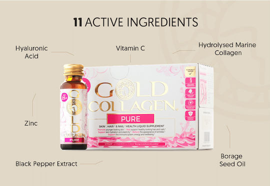 Supliment Lichid Colagen Marin Hidrolizat Pentru Piele Păr Unghii Gold Collagen Pure 25+ 10 Fiole X 50 Ml