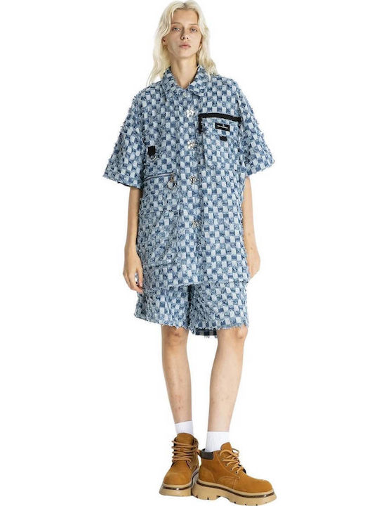 Mod Wave Movement Short Sleeve Denim Shirt in Wide Fit Denim