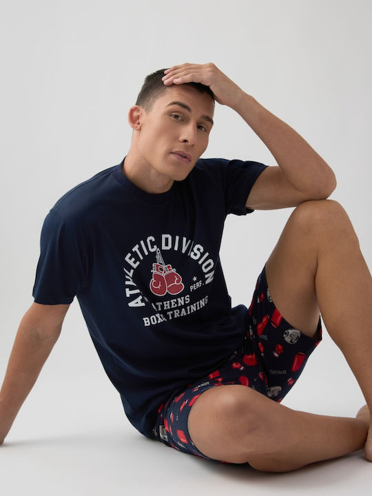 Minerva Sommer Herrenpyjama Baumwollene Marineblau