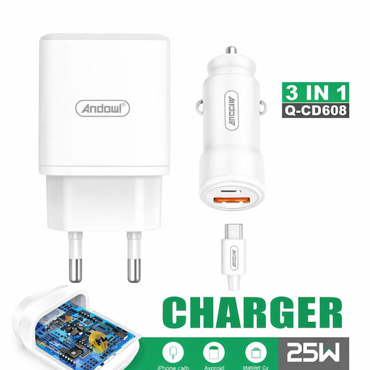 Andowl Car and Wall Adapter Set with USB-A Port and USB-C Cable 25W Power Delivery White