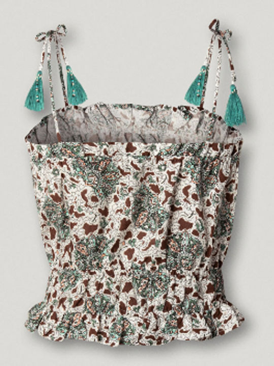 Women's Summer Linen Blouse with Spaghetti Straps Floral Hydro Green