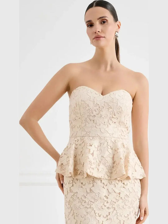 Summer Midi Dress for Wedding - Christening Strapless with Lace Beige