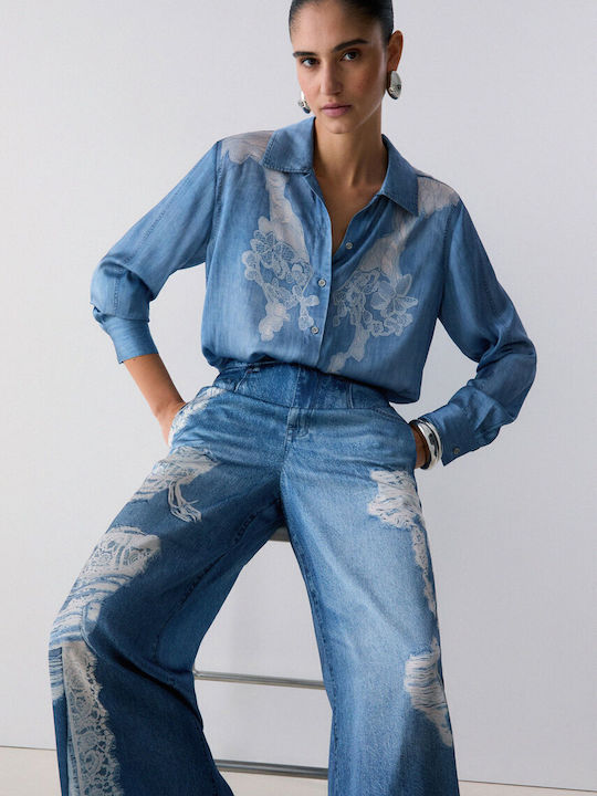 Pantaloni Dama Satin Largi Cu Pantaloni Evazați Albaștri