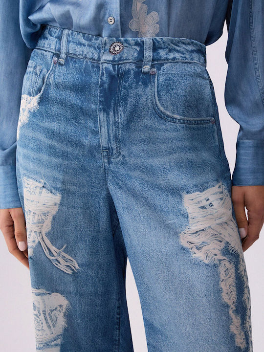 Pantaloni Dama Satin Largi Cu Pantaloni Evazați Albaștri