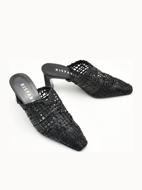 Pantofi Mules De Piele Cu Toc Gros Înalt Negru