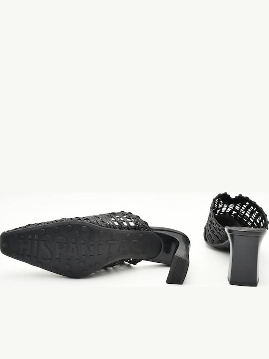 Pantofi Mules De Piele Cu Toc Gros Înalt Negru