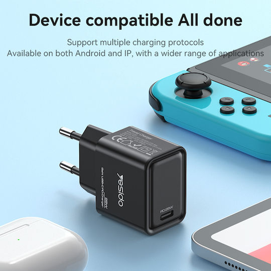 Yesido Yesido GaN Handyladegerät mit USB-C Ausgangsanschluss 25W Stromlieferung Schwarz (YC62)