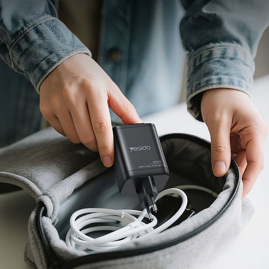 Yesido Charger with Built-in Cable with USB-A Port and USB-C Port 40W Black (YC99)
